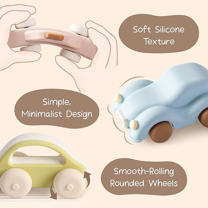 Moonkie Food Grade Silicone Toy Cars for Toddlers 1-3, Push and Go Baby Car Toys 6-12 Months+, One-Piece Design Infant Toys, Birthday Gifts for 1 Year Old Boy Girl, Easy to Clean & Grasp, 5 Pack