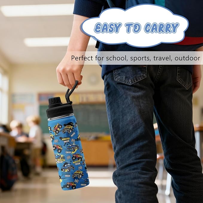 Truck Gifts for Boys, 18 oz Stainless Steel Water Bottles with 2 Lids, Insulated Water Bottle with Straw, Truck Cups for Travel Sports Outdoor, Birthday Christmas Gifts for Boys Truck Lovers