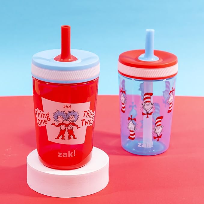 Zak Designs Dr. Seuss Kelso Toddler Cups For Travel or At Home, 15oz 2-Pack Durable Plastic Sippy Cups With Leak-Proof Design is Perfect for Kids (The Cat in the Hat)
