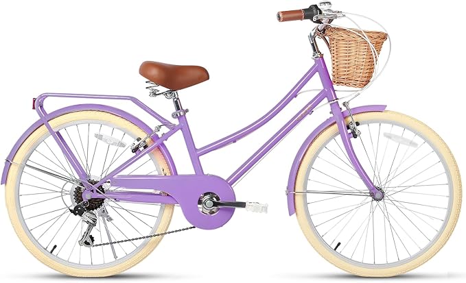 Glerc 20 24 26 Inch Beach Cruiser Bike, 6-Speed Hybrid City Bicycle for Girls Youth and Over 6 Years Old, Missy Bike with Wicker Basket & Lightweight, Multiple Colors