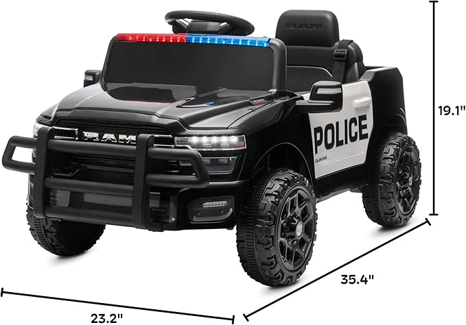 Kidzone 12V Police Ride On Truck, Licensed RAM 3500 Electric Car for Kids w/Remote Control, Bluetooth Music, LED Lights, Open Doors, Police Decals, Battery Powered Toy Vehicle - Black w/Police Design