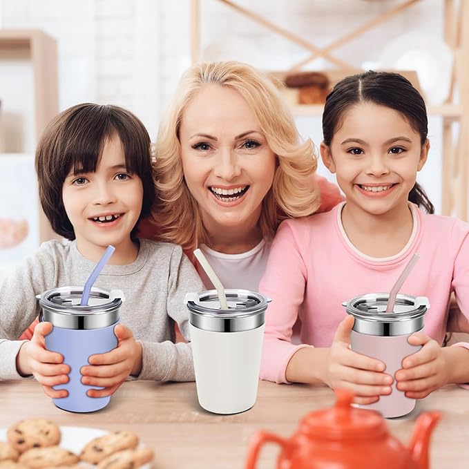Yummy Sam 6PCS Kids Stainless Steel Cups with Lids, 12oz Spill Metal Tumblers Proof With Silicone Straws, Unbreakable Toddle Cups with Full Wrapped Anti-Scald Sleeves for Cold Drinks