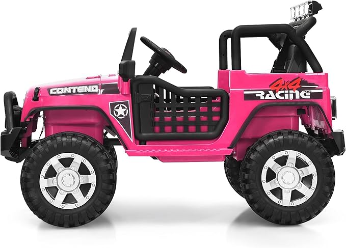 Costzon 2-Seater Ride on Truck, 12V Battery Powered Electric Vehicle w/Remote Control, 2 Speeds, Spring Suspension, LED Light, Horn, Music/ MP3, 2 Doors Open, Ride on Car for Kids (Pink)