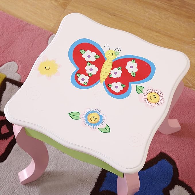 Kids Vanity Set with Stool, Wooden Makeup Dresser Table with Mirror, Flower Fairy Design with Storage Drawer, Safety Anti-Tip for Girls Age 3 and Up