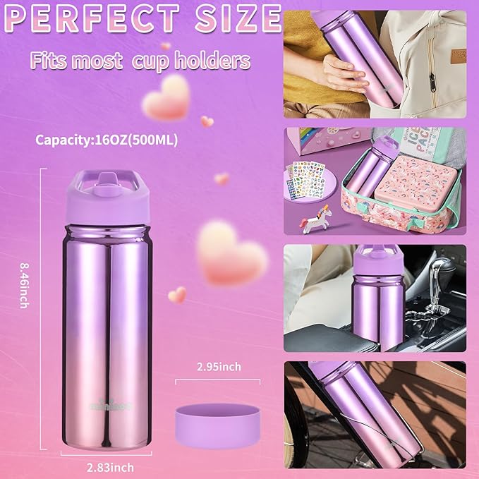 Mininoo Kids Water Bottle, Girls Water Bottles for School, 16oz Metal Water Bottle Kids with Straw Lid