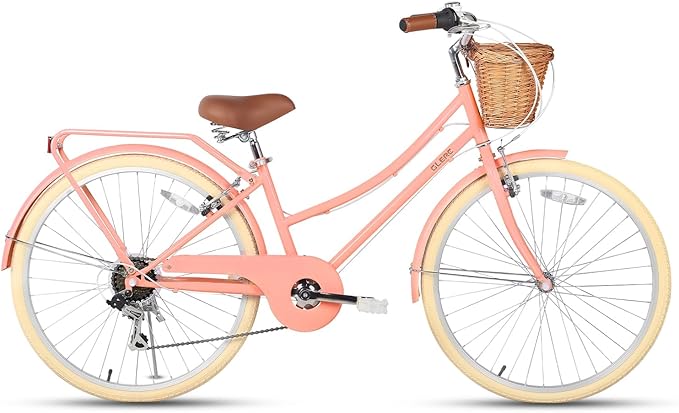 Glerc 20 24 26 Inch Beach Cruiser Bike, 6-Speed Hybrid City Bicycle for Girls Youth and Over 6 Years Old, Missy Bike with Wicker Basket & Lightweight, Multiple Colors