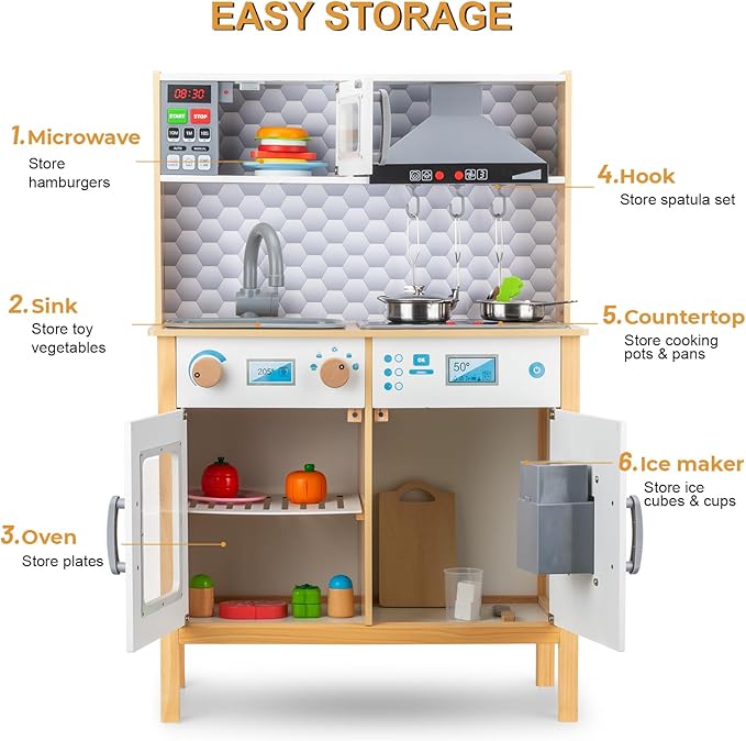 Play Kitchen for Kids Toddlers, Toy Kitchen Playset with Real Lights & Sounds, Wooden Play Kitchen with Cooking Set, Ice Maker, Microwave, Oven for Girls Boys Ages 3+