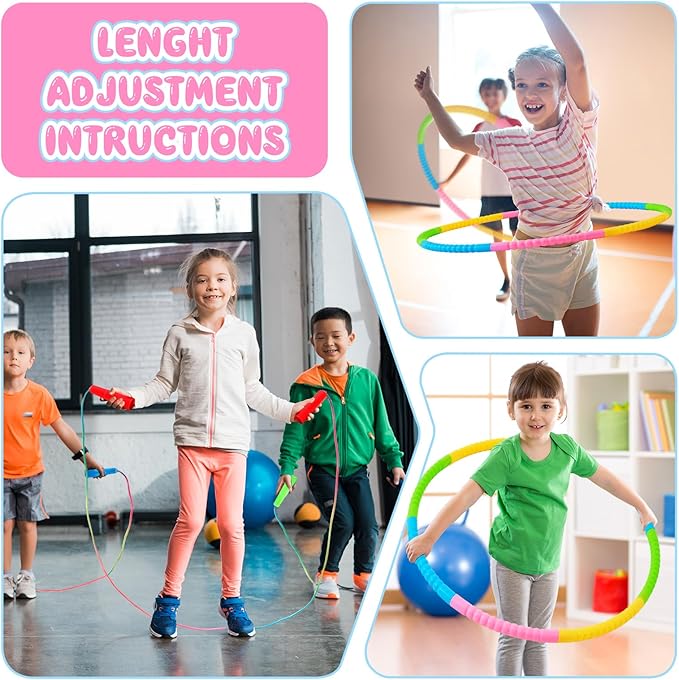 8 Pcs Toy Hoop and Jump Rope Set for Kids Include 4 Skipping Rope and 4 Detachable Weight Size Hoop Gymnastic Fitness Exercise Gift Equipment