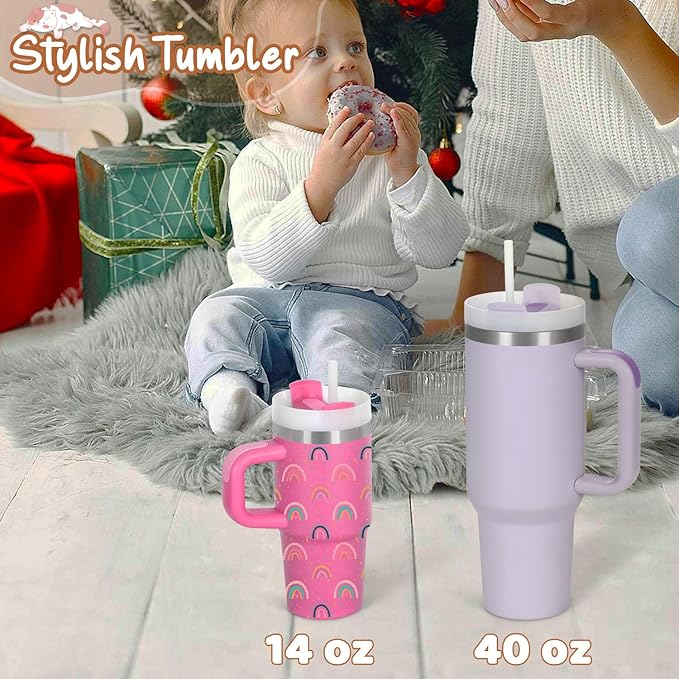 Cosictic 14 Oz Rainbow Tumbler with Handle and Straw for Kids, Stainless Steel Insulated Rainbow Cup for Children, 14 Oz Cups for Kids (Hot Pink)