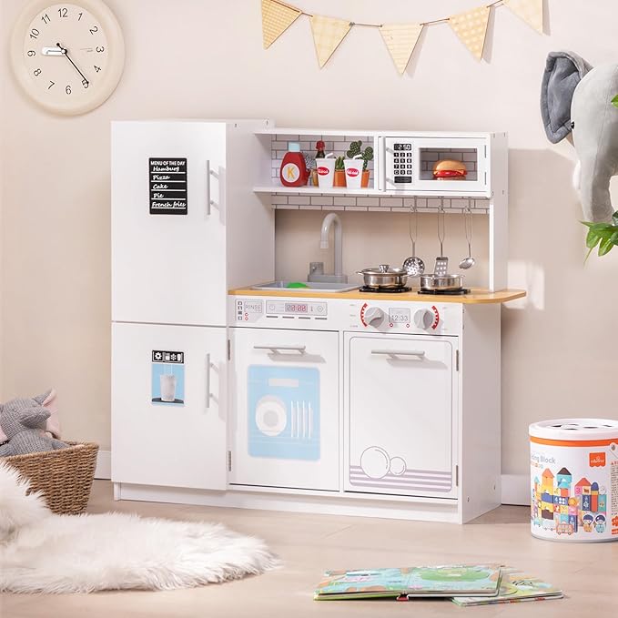 HONEY JOY Kids Kitchen Playset, Wooden Little Chef Pretend Play Kitchen Set w/Blackboard, Large Storage Cabinet, Stove, Faucet, Sink, Play Kitchen for Toddlers, Gift for Boys Girls, White