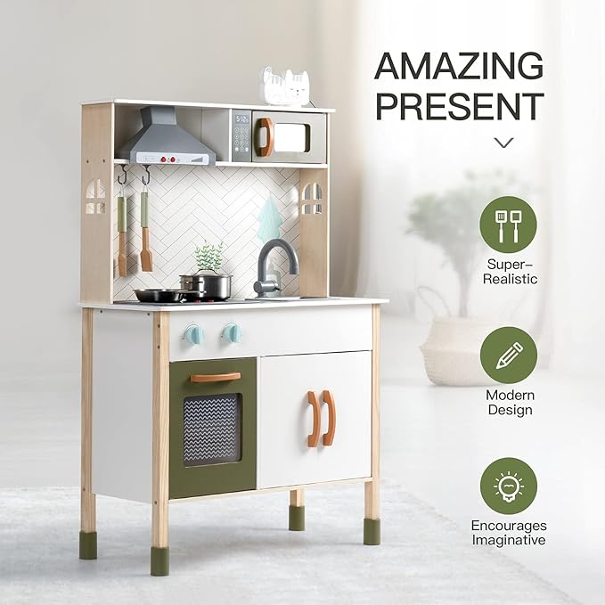 ROBUD Kids Kitchen Playset, Montessori Wooden Play Kitchen, Realistic Pretend Play Kitchen for Kids Girls Boys, Toy Kitchen Set for Toddlers