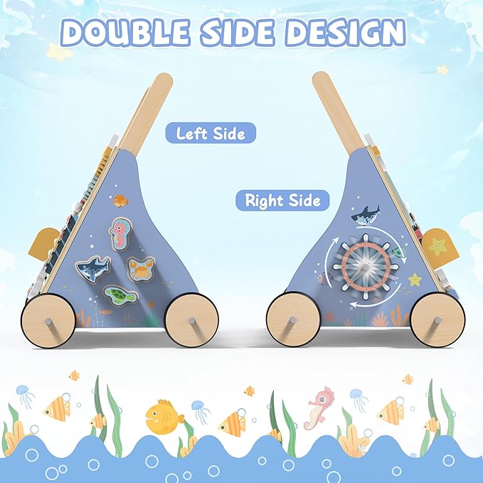 Ocean-Themed Wooden Baby Walker with Activity Center, Montessori Push Walker Toy for Babies 18 Months, Safe First Steps Baby Walking Aid for Boys & Girls