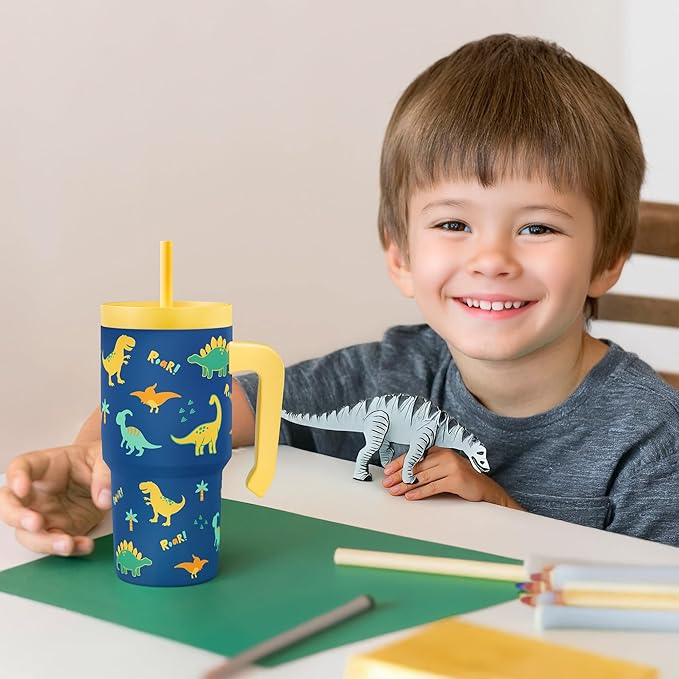 Dinosaur Tumbler 20oz with Handle and Silicone Straw Lid for Kid, Insulated Stainless Steel Cup, Gift for Kids Boys, Gifts Idea for Birthday Christmas Back to School