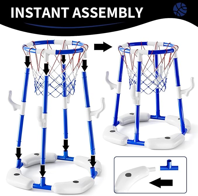 Pool Basketball Hoop Toys for Kids Ages 4-8 8-12 & Adult, Summer Outdoor Swimming Pool Games Water Play Toys Family Party for Kids, 2 in1 Pool Basketball Hoop & Ring Game with 4 Balls 12 Rings & Pump