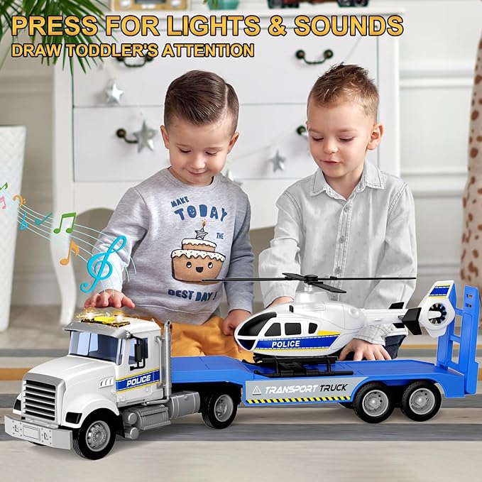 22" Semi Police Truck Toy with Helicopter for Kids Toddlers -Police Car Toys, Birthday for Boy Girl Toddler Child 3 4 5 6 7 Years Old