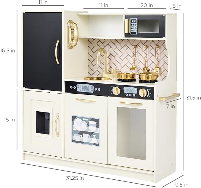 Best Choice Products Pretend Play Kitchen Wooden Toy Set for Kids w/Realistic Design, Telephone, Utensils, Oven, Microwave, Sink - Cream