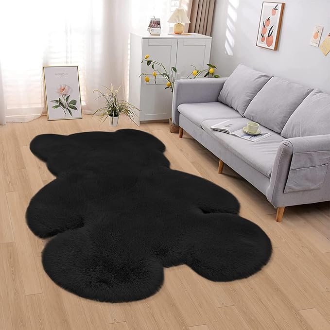 4.6x6 ft Black Bear Soft Fluffy Large Rug, Shaggy Faux Sheepskin Fur Rug Fuzzy Shag Area Rug Cute Plush Carpet for Nursery Kids Girls Bedroom Room Aesthetic Living Room Floor Home Decor, Black