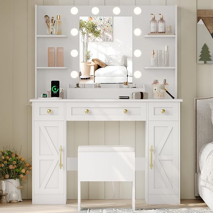 Vanity Makeup Desk with Mirror and Lights, Farmhouse Vanity Table Set with Storage Drawers, Charging Station & Chair, 43" Large Rustic Dressing Table, 3 Lighting Modes for Women Girls Bedroom, White