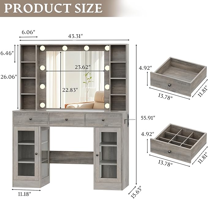Makeup Vanity Desk with Mirror and Lights, Grey Vanity with Glass Top, LED Lights & Power Outlet, 3 Drawers & 2 RGB Glass Cabinets, Adjustable Lighted Dressing Table for Women & Girls Bedroom