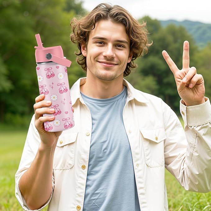 Cherry Gifts for Kids - 16oz Pink Kids Water Bottle with Straw Lid, Stainless Steel Insulated Tumbler, Leakproof, BPA-Free, for Girls, School, Travel - Cherry Lovers Children Birthday Gift Cup (1pc)