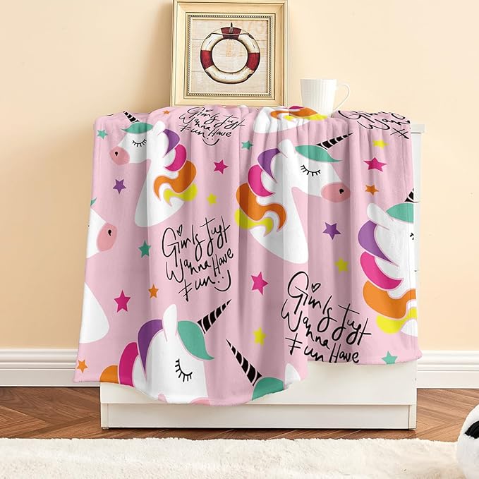 Wajade Kids Pink Unicorn Soft Fleece Blanket for Girls - Cute Unicorn Stars Throw for Couch, Sofa, Bedroom - 60"x80"