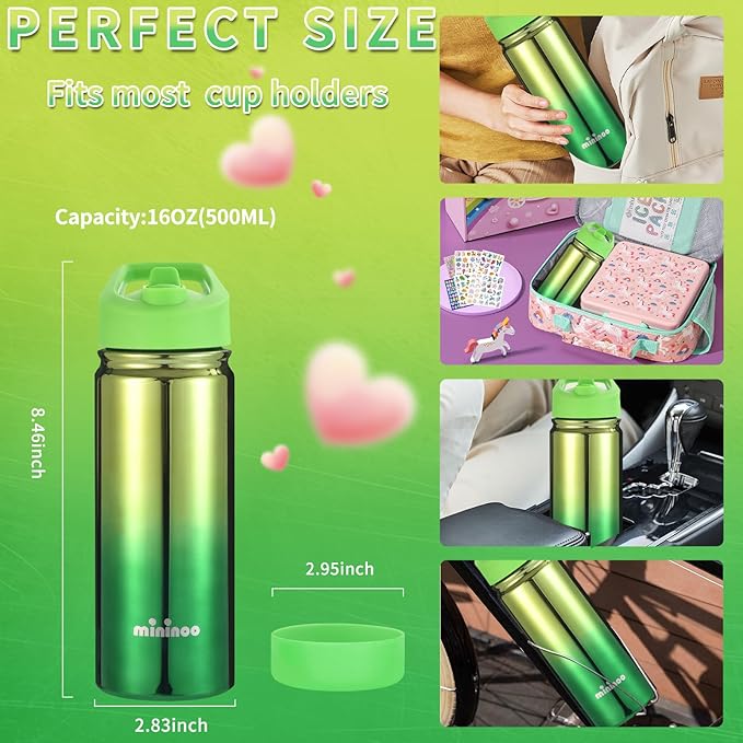 Mininoo Kids Water Bottle for School, 16oz Metal Insulated Water Bottle Kids with Straw Lid for Girls, Boys