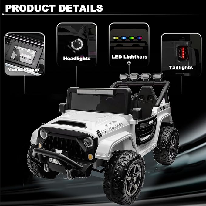 NEWQIDA 24V 2 Seater Ride on Car w/Remote Control 4wd Kids Electric Vehicles Ride on Toys Car, EVA Tires Wheels, 20" Spacious Seat, LED Lights, Music, Spring Suspension, 4x200W Motors, White