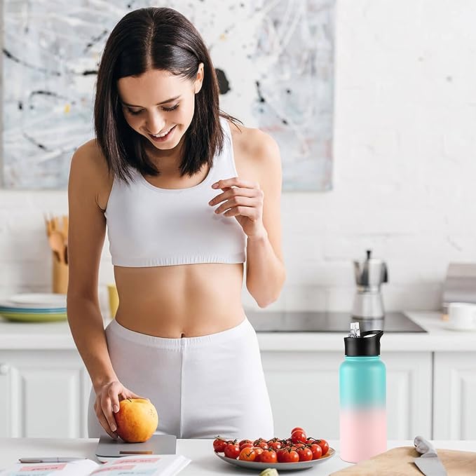 VEGOND 32 oz Insulated Water Bottle Bulk Stainless Steel Metal Water Bottles with Leak Proof Straw Lid & Spout Lid, Wide Mouth Double Walled Vacuum Travel Sports Bottle, 8 Pack