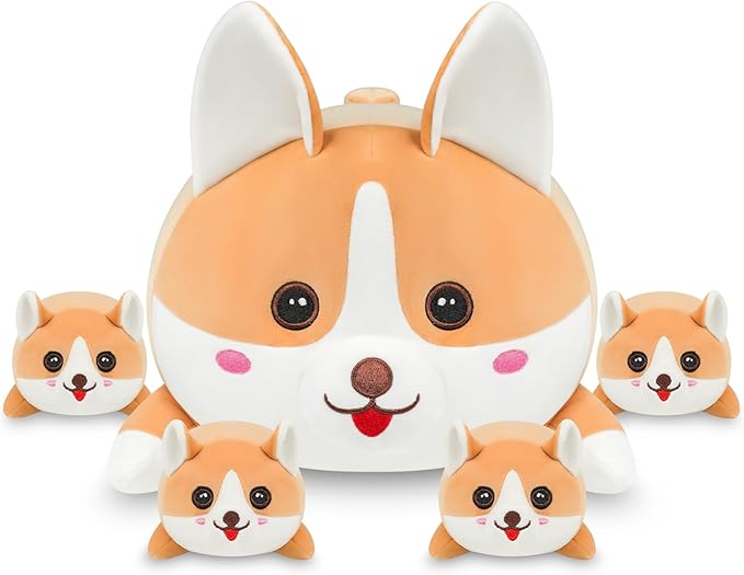 17" Corgi Plush, Soft Stuffed Animal Dog Pillow Toy, Corgi Mommy with 4 Baby Puppy Family Set, Cute Birthday Gift for Kids Boys Girls