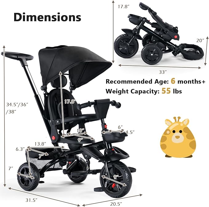 Kinder King Kids Tricycle, 7 in 1 Folding Toddler Trike w/Adjustable Push Handle, Rotatable Seat, Adjustable Canopy, Safety Harness, Storage, Toddler Stroller Bike for Age 6 Months+,Black