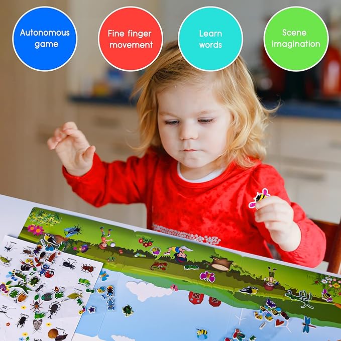 ASTARON Reusable Sticker Book for Toddlers, 88 Pcs Insect Stickers Road Trip Activities Car Airplane Activities Travel Toys for Kids, Kids Quiet Time Activities (2-6 Age)
