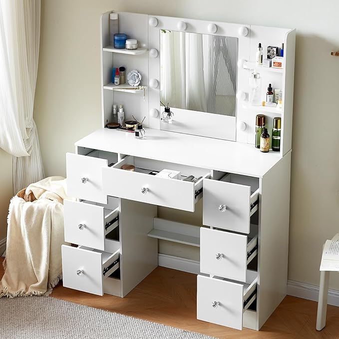 White Vanity Desk with Lighted Mirror, 39.4''W Makeup Vanity with 3-Color Adjustable Brightness, 7 Drawers & Open Shelves, Big Vanity Table for Bedroom, Girls & Women