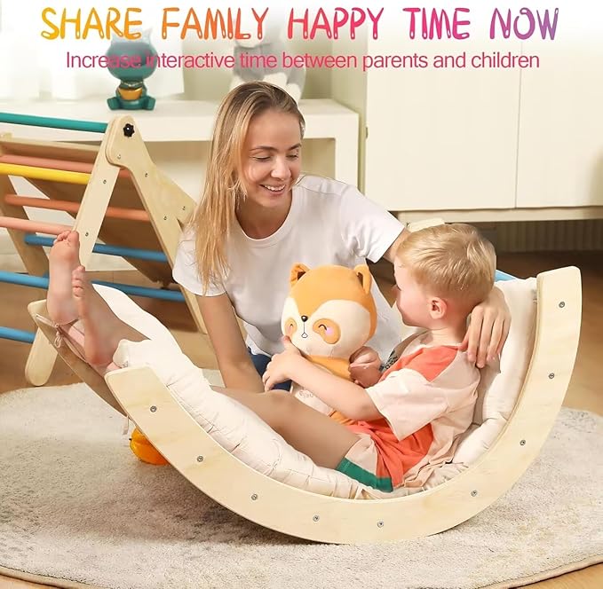 Pikler Triangle Set with Cushion, 7 in 1 Toddler Climbing Toys Indoor, Montessori Foldable Climbing Set, Wooden Climbing Toys for Toddlers Inside with Ramp, Arch and Ladder (Rainbow)