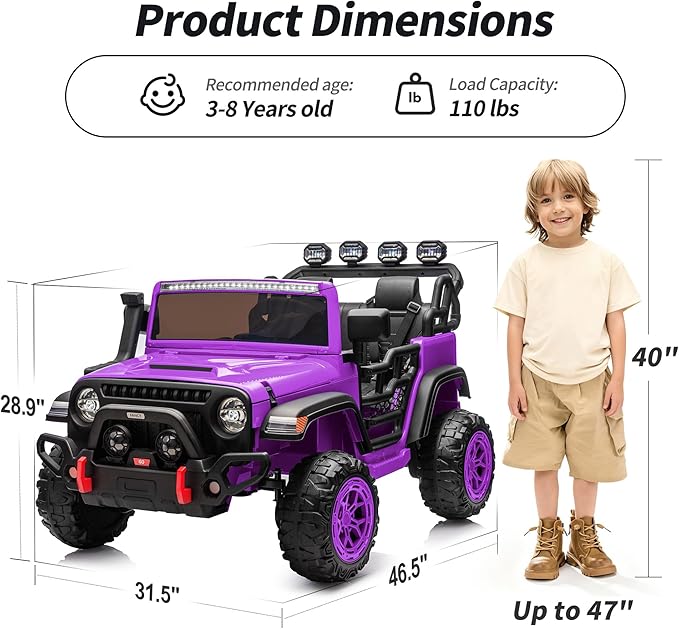 2 Seater Ride on Electric Car, 12V Ride on Toy Car for Kids 4-8 w/Remote Control, EVA Tires - Purple