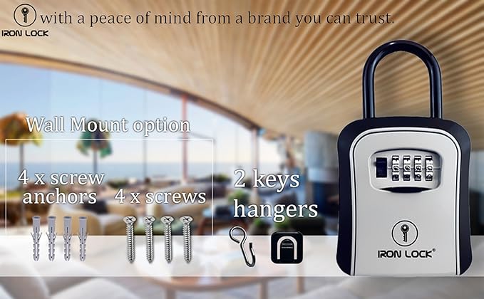 Iron Lock® - Portable Key Lock Box and Wall Mounted with Removable Shackle Indoor Outdoor Waterproof 4 Digit Combination with Resettable Code with A B Switch Key Lockbox for Outside (Medium, Grey)