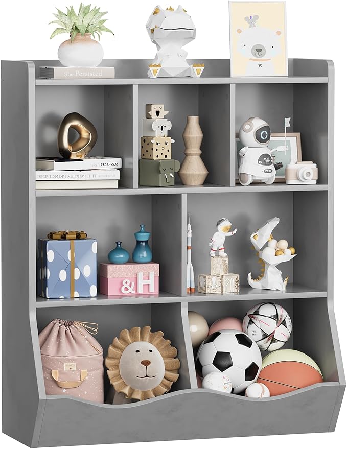 GarveeHome Grey Toy Storage Cabinet, Three-Tier Kids Bookshelf and Bookcase for Storage Books and Toys, Multi Shelf with Cubby Organizer for Bedroom and Playroom