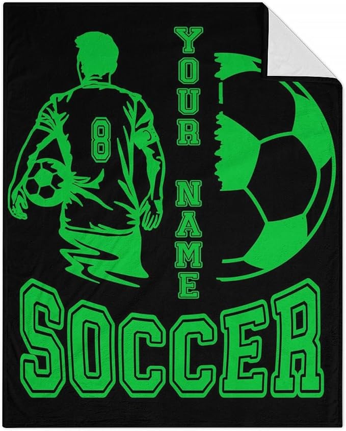 Personalized Soccer Throw Blanket with Name - Soft, Fuzzy & Warm - 40x50 Inches Crib Size Blanket for Couch, Office - Green Funny Throw Gift for Boys, Men