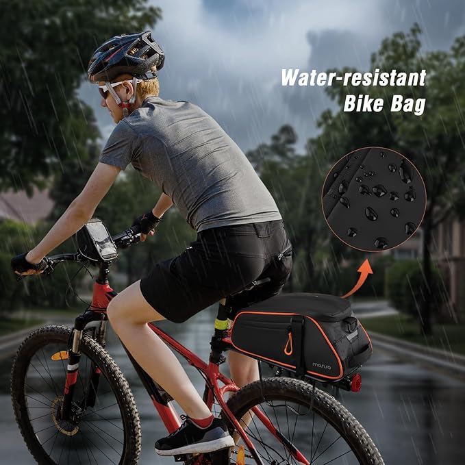 MOSISO Bike Rack Bag, 8L Waterproof Bicycle Rear Rack Trunk Bags with Orange Pull Tabs, Bike Rear Seat Bag Bicycle Storage Saddle Luggage Bags with Shoulder Strap for Road Mountain Cycling, Black