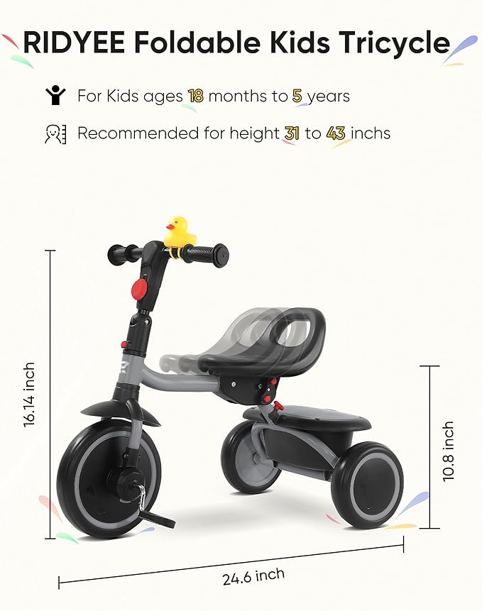 Toddler Tricycle for 18 Months to 5 Years, Foldable Tricycles for 3-5 Year Olds, Kids Tricycle with Adjustable Carry-Friendly Ergonomic Seat and Covered Large Basket, Grey