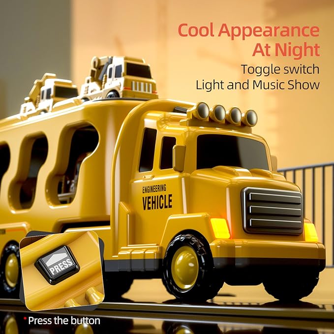 5 in 1 Construction Trucks Cars Toys for Toddlers 3-5, Boy Toddler Car Truck Toys with Light Sound, Includes Crane, Mixer, Bulldozer & Excavator, Birthday Gifts Toys for 2 3 4 5 Year Old