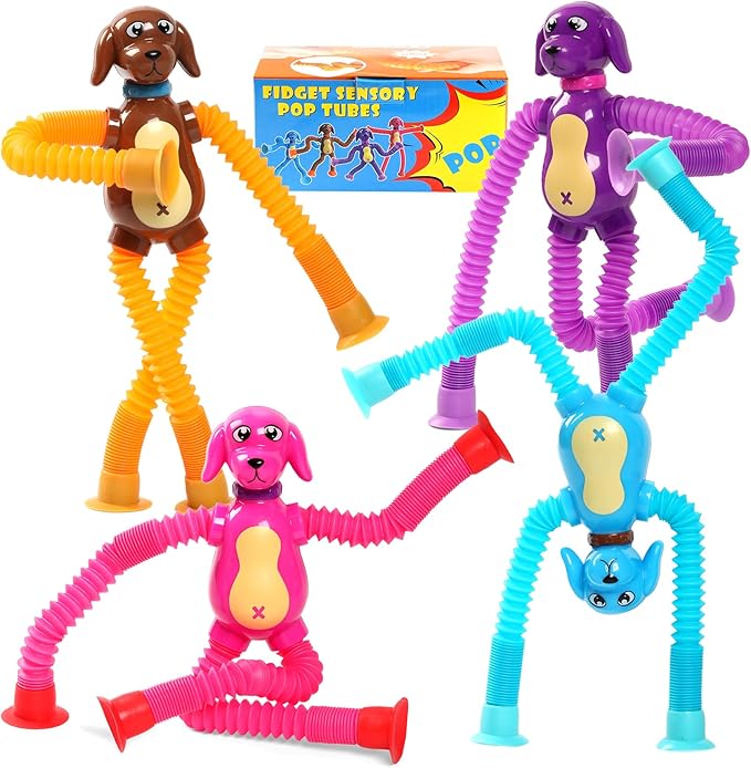 Kindergarten Graduation Gifts,4Pcs Dog Pop Tube Sensory Toys, Dog fidgets Suction ADHD Autism Toy,Fidget Toys Autistic Travel Toys,Dog Party Favors Graduation Decoration Gifts