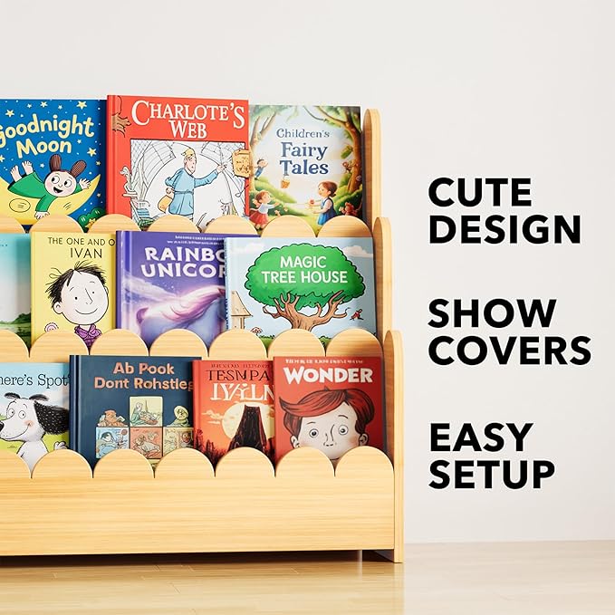 SpaceAid 3-Tier Scalloped Bookshelf, Montessori Bookcase for Toddlers, Wooden Book Shelf Organizer Display Furniture for Kids Rooms, Playroom, Nursery and Classroom, 36.7“ Wide, Natural