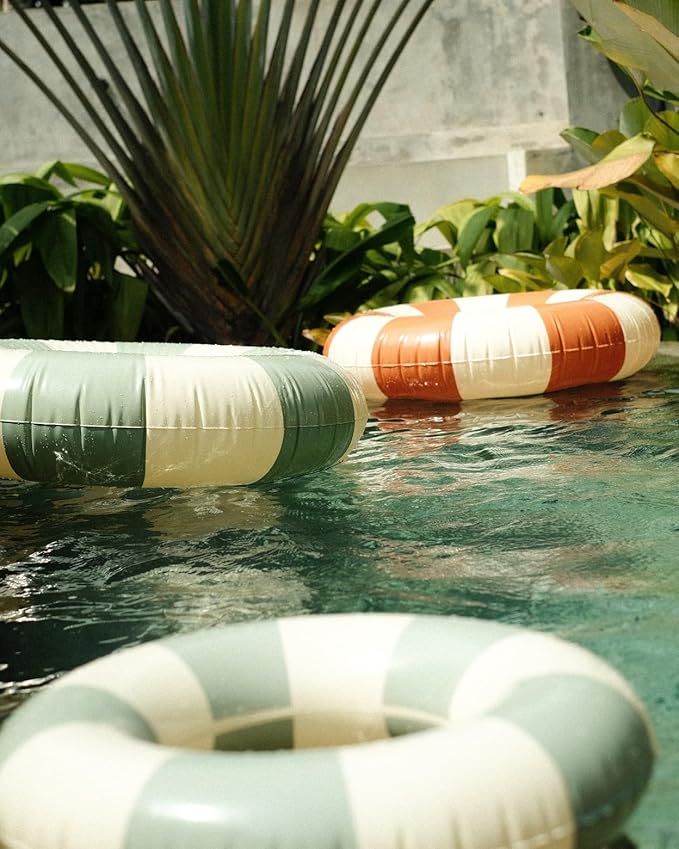 Petites-Pommes Red and White Striped Pool Tube for Kids - Durable Inner Tube, Handprinted Classic Striped Design Pool Donuts, Soft Comfort Seaming, Packable Floats for Travel, Dusty Green, 35 inch