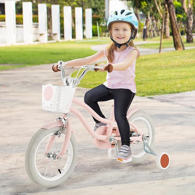 COSTWAY Kids Bike, 12 14 16 18 Inch Toddler Bike Children Bicycle w/Training Wheels, Hand & Coaster Brakes, Adjustable Saddle & Handlebar, Basket, Bell, Kids Bicycle for Girls Boys Aged 3-8 Years Old