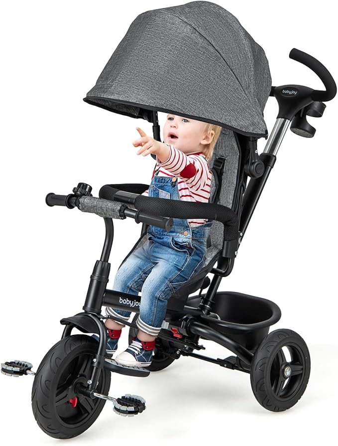 BABY JOY Tricycle, 6 in 1 Tricycle for Toddler w/Reversible Seat, Adjustable Canopy & Parent Handle, 5-Point Safety Belt, PU Wheels and Storage Basket, Push Tricycle for 9-60 Months (Gray)