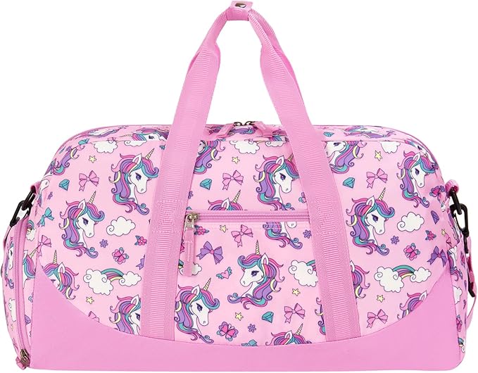 Choco Mocha Duffle Bag Kids Girls - Unicorn Overnight Bags for Kid with Shoes Compartment, Cute Weekender Bag for Sleepover Travel, Pink