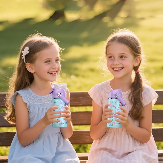 14oz Kids Insulated Water Bottle with Straw Lid - 18/8 Stainless Steel Kid Cup Travel Tumbler Double Wall Vacuum Leak Proof Portable Toddler Water Bottle (Butterfly+Mermaid)