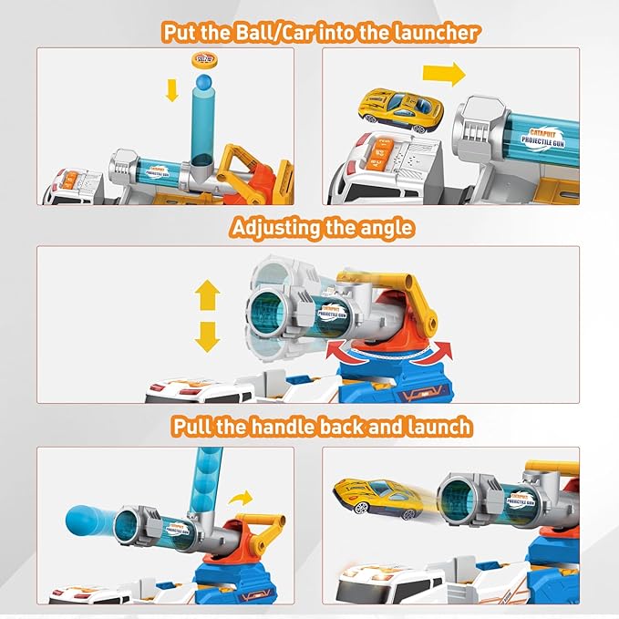 Dwi Dowellin Truck Toys for Kids, 28" Large Car Toys Include 4 Racing Cars+6 Ball, with Light & Sounds, Eejection&Shooting Transport Cars Toy, Gifts for Boys Girls 3-12 Year Old-Blue