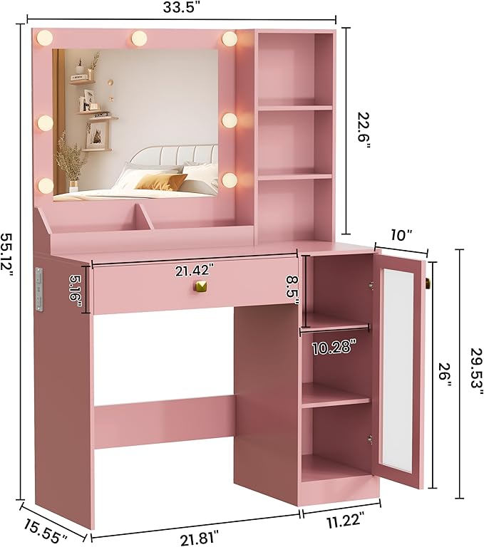Makeup Vanity with Mirror and Lights & Power Outlet, 34'' Small Vanity Desk with Drawers and Storage Cabinet & Makeup Tray, Dressing Table for Girls Bedroom Dressing Room, Pink
