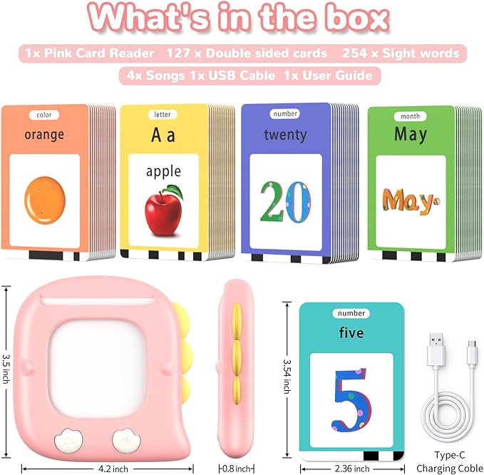Kidzdo Dinosaur Talking Flash Cards with 254 Words, Educational Learning Toys, Birthday Present for 2 3 4 5 6 Years Old Girls, Pocket Speech Language Therapy Toys for Toddlers, Pink
